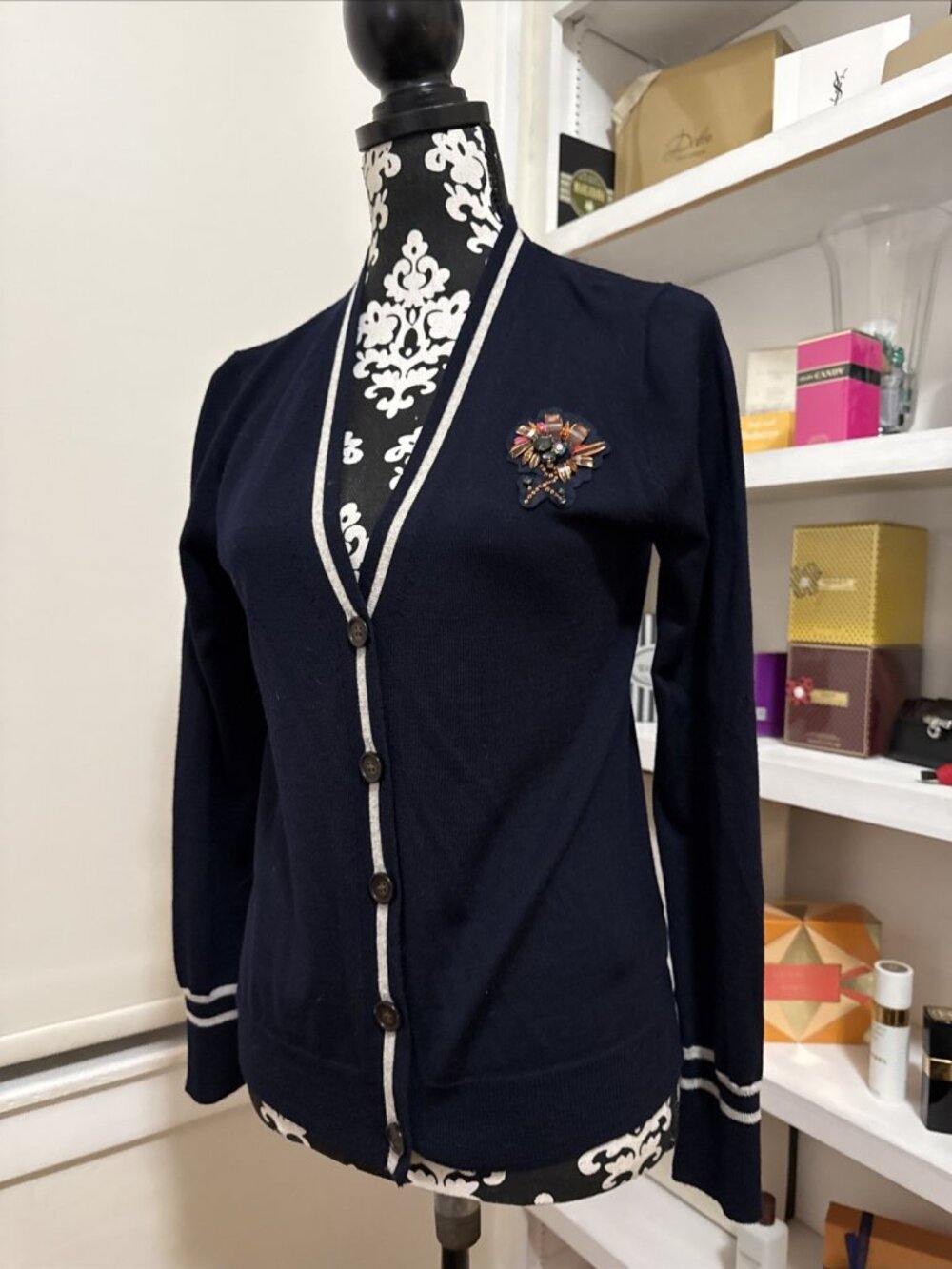 J Crew Cardigan Jeweled sweater 100% Merino Wool SZ Small Lightweight NAVY B